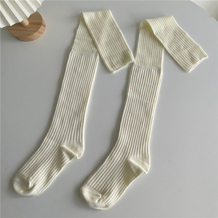 奶白色过膝袜秋冬款，长筒拼接堆堆袜子，纯棉竖条纹灰色大腿高筒靴袜