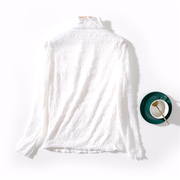 E74-1春季女白色半高领打底弹力褶皱清新上衣长袖薄绒雪纺衫