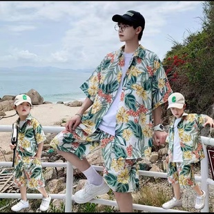 海南男女亲子装俩件套薄款宝宝花衬衫，套装2023新夏季(新夏季)度假拍照炸街