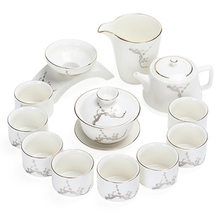 L贴花白瓷茶具套装简约家用整套功夫盖碗茶杯陶瓷泡茶壶