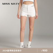 misssixty2024夏季牛仔，短裤女白色链条破烂设计高腰，显瘦直筒