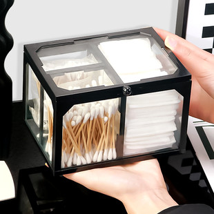 欧式玻璃化妆棉收纳盒桌面透明棉签盒非亚克力防尘带盖口红整理架