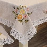 刺绣餐桌布台布棉麻，绣花长方形白色蕾丝茶几布艺，盖巾欧式田园客厅