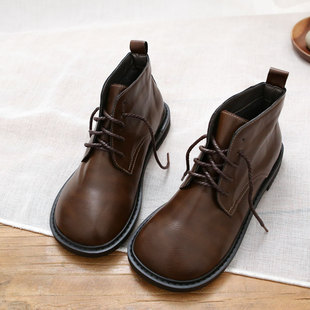 欧美复古宽头小皮靴潮，秋冬英伦风，平底系带马丁靴原创手工短靴