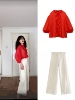 23春夏红色雪纺衫，七分袖叠层半透明衬衫，白色宽松牛仔裤套装女