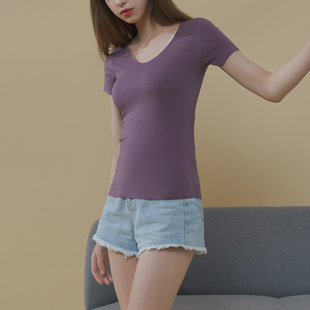 短袖t恤女士夏季韩版2023修身v领纯色，莫代尔白色黑色无痕体恤