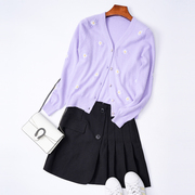 春秋冬季女式纯手工绣花高腰短款羊绒紫色圆领开衫太阳花外套