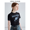vegachang短袖t恤女2024夏设计(夏设计)感小众，黑色简约印花圆领上衣