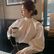 韩国chic极简主义气质立领，后背单排扣设计宽松灯笼袖衬衫上衣女