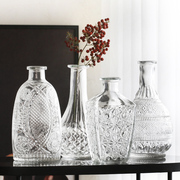 网红浮雕玻璃花瓶小口瓶透明摆件简约客厅餐桌干花插花器装饰