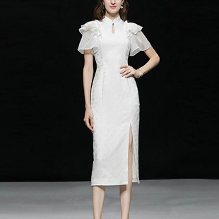 2024夏季时尚名媛新中式旗袍领荷叶袖修身显瘦白色提花连衣裙