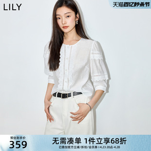 lily2024夏女装(夏女装)优雅浪漫蕾丝，宽松垂坠感泡泡，袖七分袖白衬衫女
