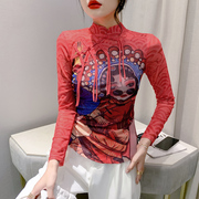 中国风复古上衣女长袖，2024秋季设计感盘扣打底衫修身网纱t恤