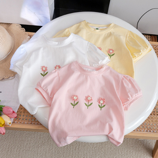 女童t恤韩版短袖夏款纯棉洋气，可爱宝宝立体小花半袖上衣儿童装潮3
