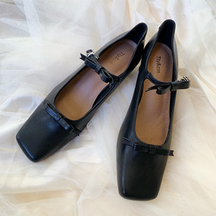 经典黑法式一字带蝴蝶结，玛丽珍单鞋方头，粗跟杂志款复古高跟奶奶鞋
