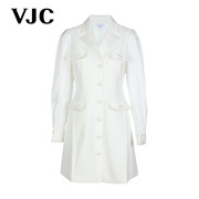 奥莱VJC/威杰思秋冬女装白色法式西装连衣裙泡泡袖商务通勤裙