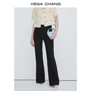 VEGA CHANG黑色休闲裤女2024夏季高腰显瘦简约设计感微喇长裤