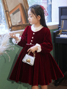 酒红色公主裙小女孩生日法式秋季小众女童连衣裙，长袖花童日常礼服