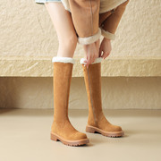 弹力绒复古骑士靴冬季时尚长靴加绒保暖4cm粗跟高筒靴子