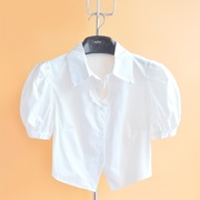 夏季纯棉衬衣性感短外套高腰短款白色上衣泡泡袖显瘦显高衬衫