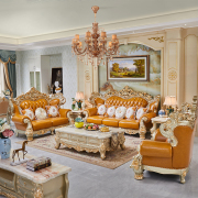欧式真皮沙发123组合大户型别墅，客厅u形金色实木雕花别墅奢华家具