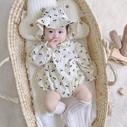 0-2岁婴幼儿连体哈衣春秋装1女宝宝，印花娃娃领爬服外出连身衣送帽