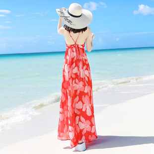露背沙滩裙海边度假仙女，雪纺高腰吊带，连衣裙夏季泰国波西米亚长裙