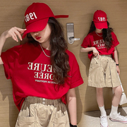 女童红色短袖t恤2024夏装，韩版炸街中大童，宽松纯棉半袖上衣潮