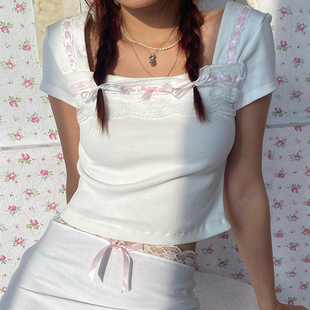 ROCKMORE法式少女粉色蕾丝蝴蝶结穿绳系带方领上衣白短袖T恤