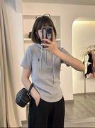 大码连帽短袖t恤女2023夏季韩版刺绣修身显瘦设计感休闲上衣