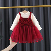 女童冬季加绒连衣裙女宝宝泡泡袖公主纱裙婴儿周岁洋气红色背带裙
