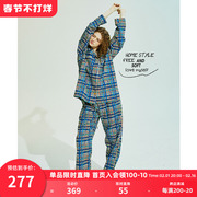 cone2023年秋季女士格纹拼色长袖家居服纯棉，舒适可外穿睡衣套装