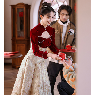 红色敬酒服新娘旗袍2024中式订婚礼服裙结婚长袖小个子改良女