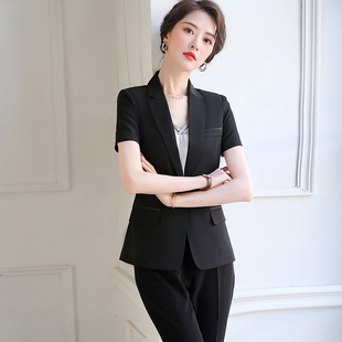 黑色职业装套装女夏季薄款短袖西服两件套裙时尚气质美容师工作服