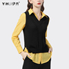 两件套装毛衣针织衫马甲女短款背心黑色搭配黄色衬衫春装职业衬衣