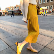 三宅褶皱黄色半身裙女夏薄款高级感小个子，雪纺中长款开衩百褶长裙