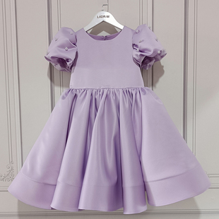 女童演出香芋紫色手工定制缎面连衣裙珍珠袖口高端透气公主裙礼服