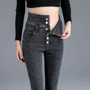 高腰牛仔裤女显瘦2022春秋季紧身铅笔小脚，女士长裤浅色靴裤女