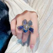 水晶花朵戒指女气质韩国时尚开口指环，网红食指戒女潮装饰戒指夸张
