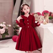 小女孩红色礼服女童长袖公主裙儿童娃娃领连衣裙春秋冬加绒演出服