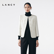 LANCY/朗姿2023秋冬白色法式气质小香风外套女士短款圆领上衣