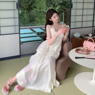 FairyJiang 夏季气质白色V领吊带连衣裙长款过膝无袖露肩仙女裙子