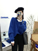THE LEMON麻花v领上衣蓝色宽松外穿复古慵懒套头针织衫毛衣女冬季