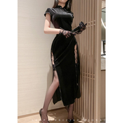 复古新中式改良收腰丝绒，旗袍开叉性感，气质修身连衣裙黑色气质长裙