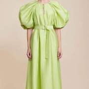 澳洲小众2024春季圆领镂空泡泡袖短袖系带收腰黄绿色(黄绿色)连衣裙长裙