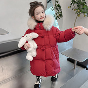 女童棉服中长款冬季儿童红色羽绒服洋气宝宝加厚棉袄新年外套