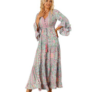 ebay跨境秋季印花长袖连衣裙女欧美通勤风，套头v领长裙女