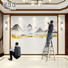 新中式墙布轻奢背景墙壁纸整张客厅影视墙壁画复古水墨山水画墙纸