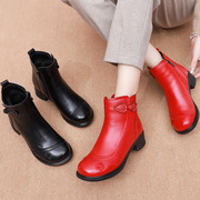 民族风中年妈妈鞋，红色真皮短靴春秋高跟，皮鞋粗跟冬季加绒女鞋