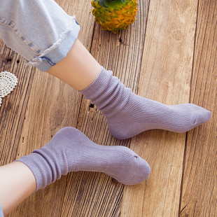 紫色袜子女春季纯棉堆堆袜韩国糖果色中筒袜宝蓝色滑板凉鞋长袜潮